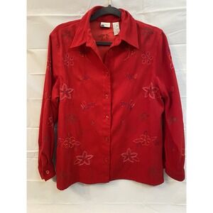 KORET Petite‎ Small Red Embroidered Button Up Chamois Soft Top Shirt Blouse